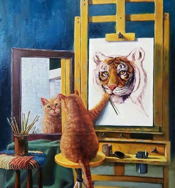 Picture of a Cat Painting his own image and showing intellectual humility