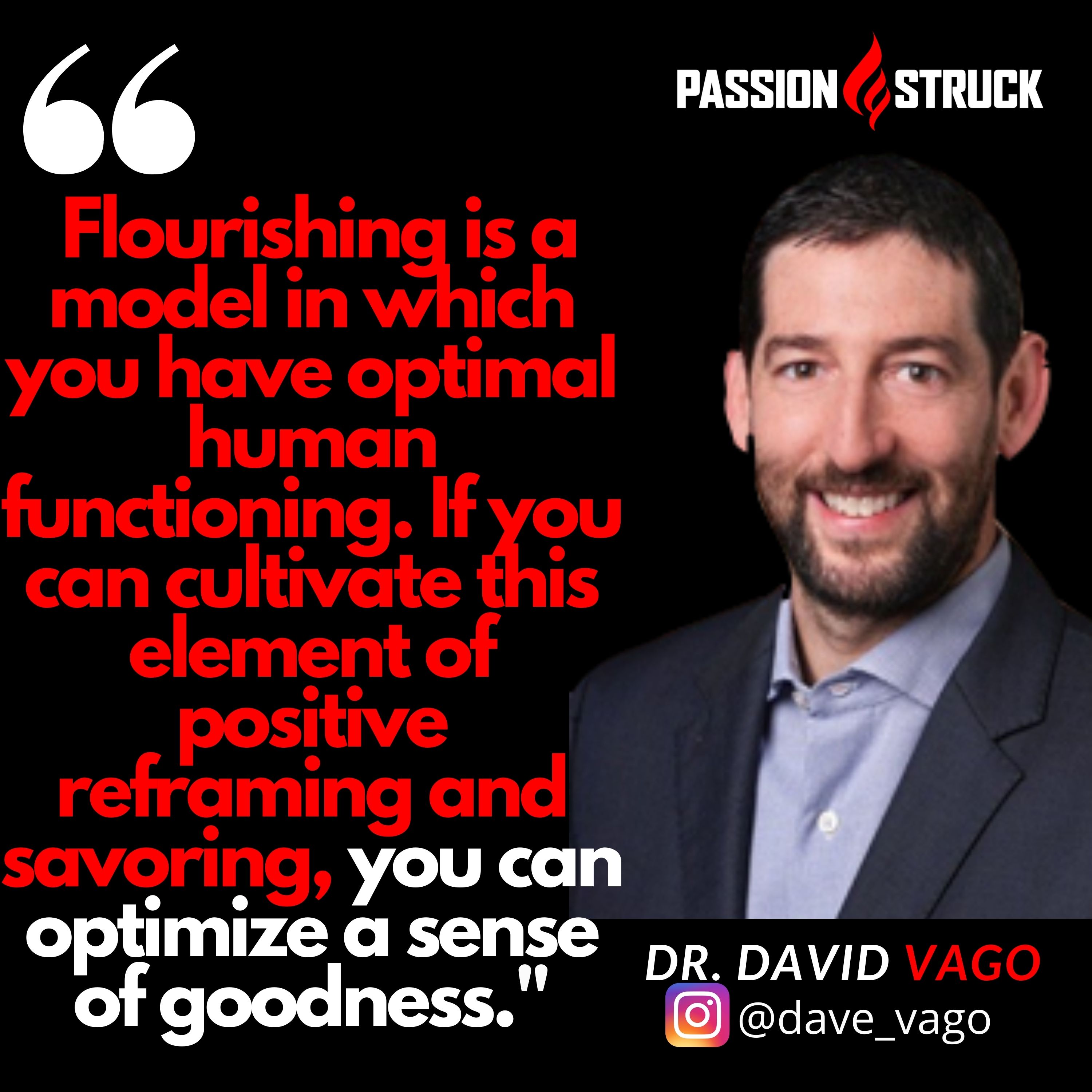 Dr. David Vago quote "Flourishing is a model in which you have optimal human functioning. If you can cultivate this element of positive reframing and savoring, you can optimize a sense of goodness" from the passion struck podcast