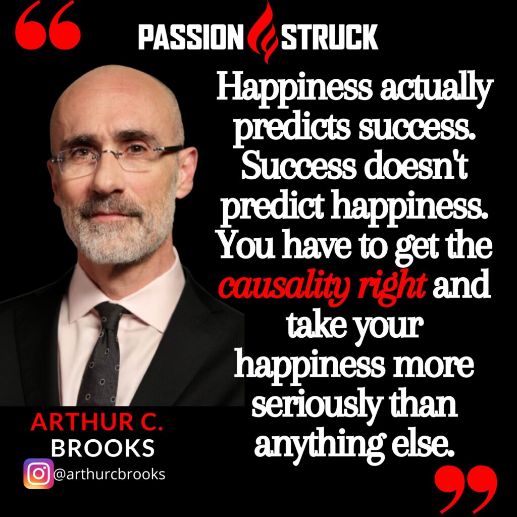 Quote by Arthur C. Brooks on the Passion Struck podcast on why happiness predicts success
