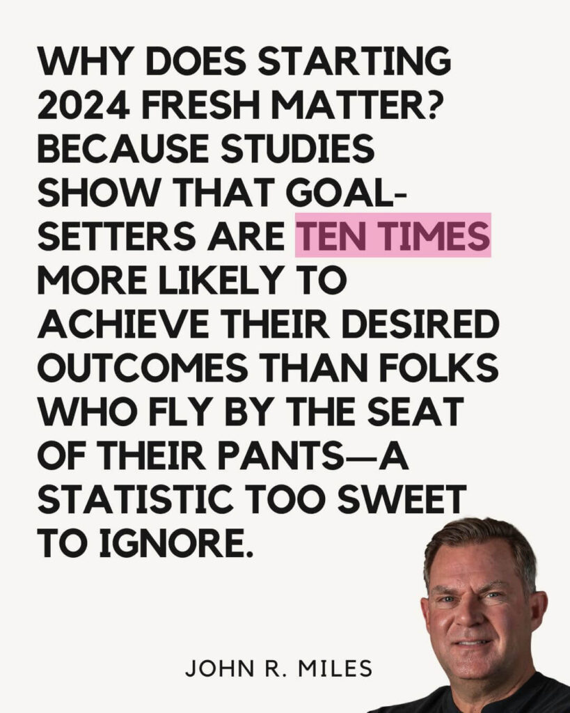 Quote by John R. Miles on New Year Planning from episode 393 of Passion Struck Why does starting 2024 fresh matter Because studies show that goal-setters are ten times more likely to achieve their desired outcomes 