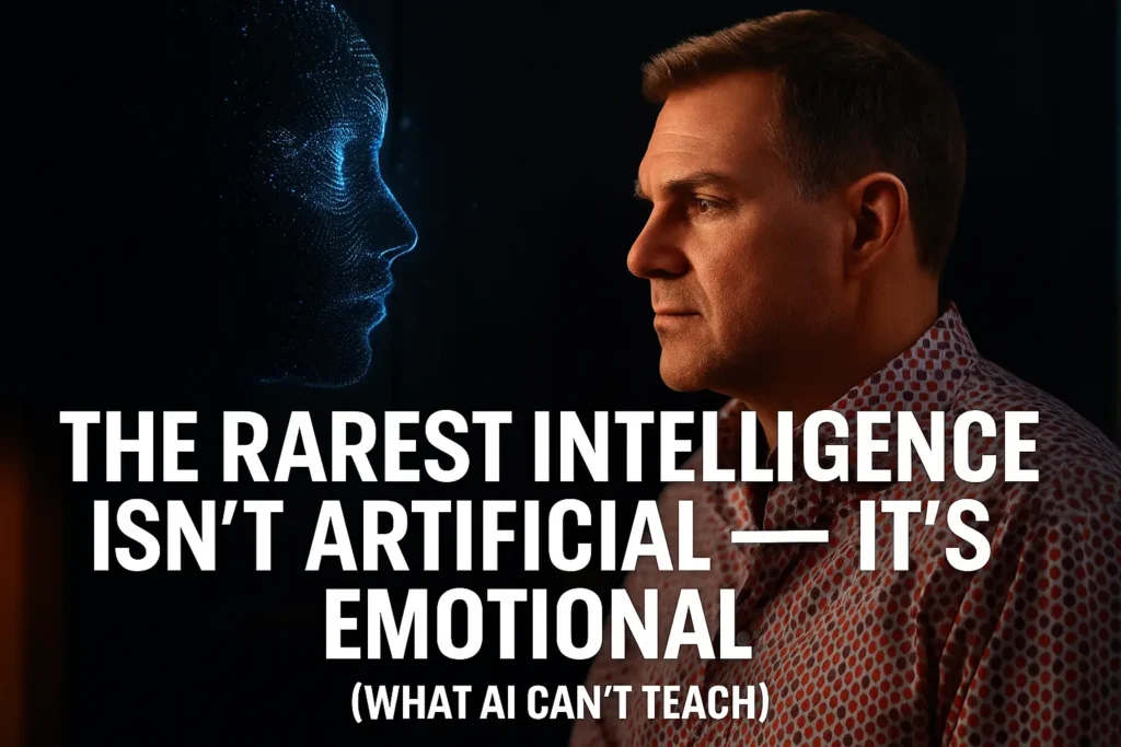 John R. Miles gazes at a digital reflection of himself, representing the tension between authentic emotion and artificial replication, overlaid with the words “The Rarest Intelligence Isn’t Artificial — It’s Emotional. (What AI Can't Teach)