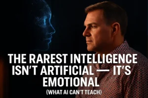 John R. Miles gazes at a digital reflection of himself, representing the tension between authentic emotion and artificial replication, overlaid with the words “The Rarest Intelligence Isn’t Artificial — It’s Emotional. (What AI Can't Teach)